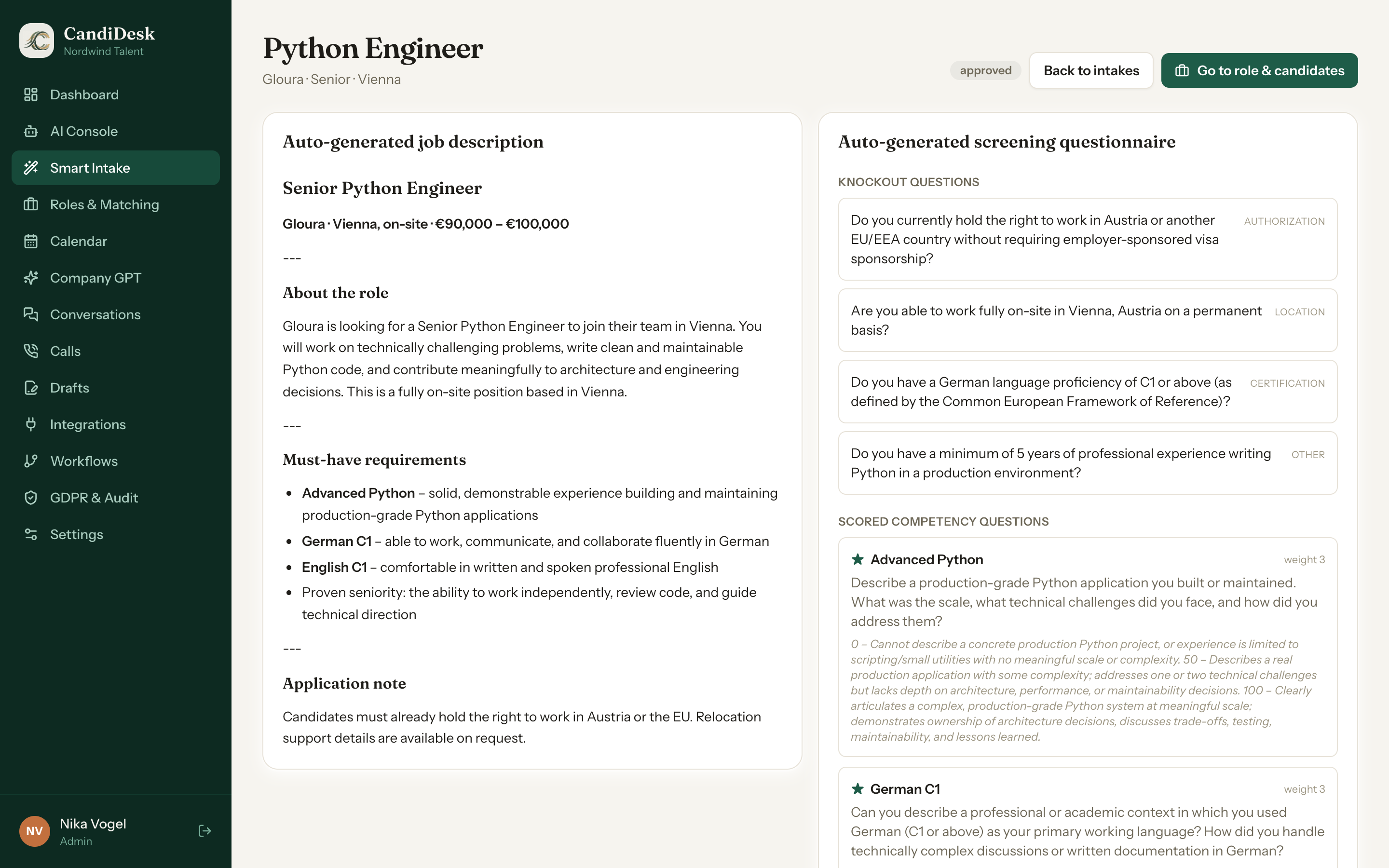 CandiDesk Smart Intake with an auto generated job description and screening questionnaire for a Senior Python Engineer role