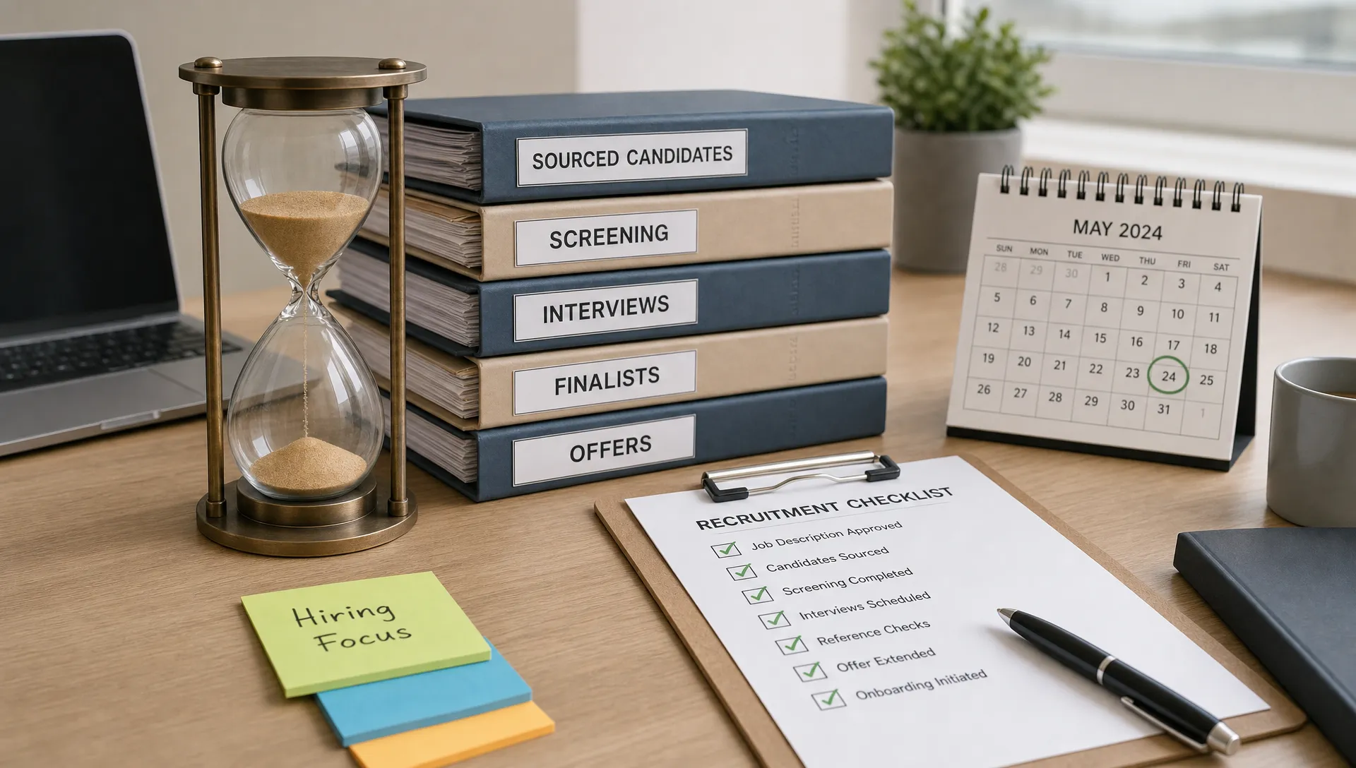 A symbolic scene of a streamlined recruitment workflow represented by an hourglass beside neatly stacked candidate folders, a calendar, and a marked checklist on a clean desk, with subtle signs of hiring coordination and fewer delays, no people present.