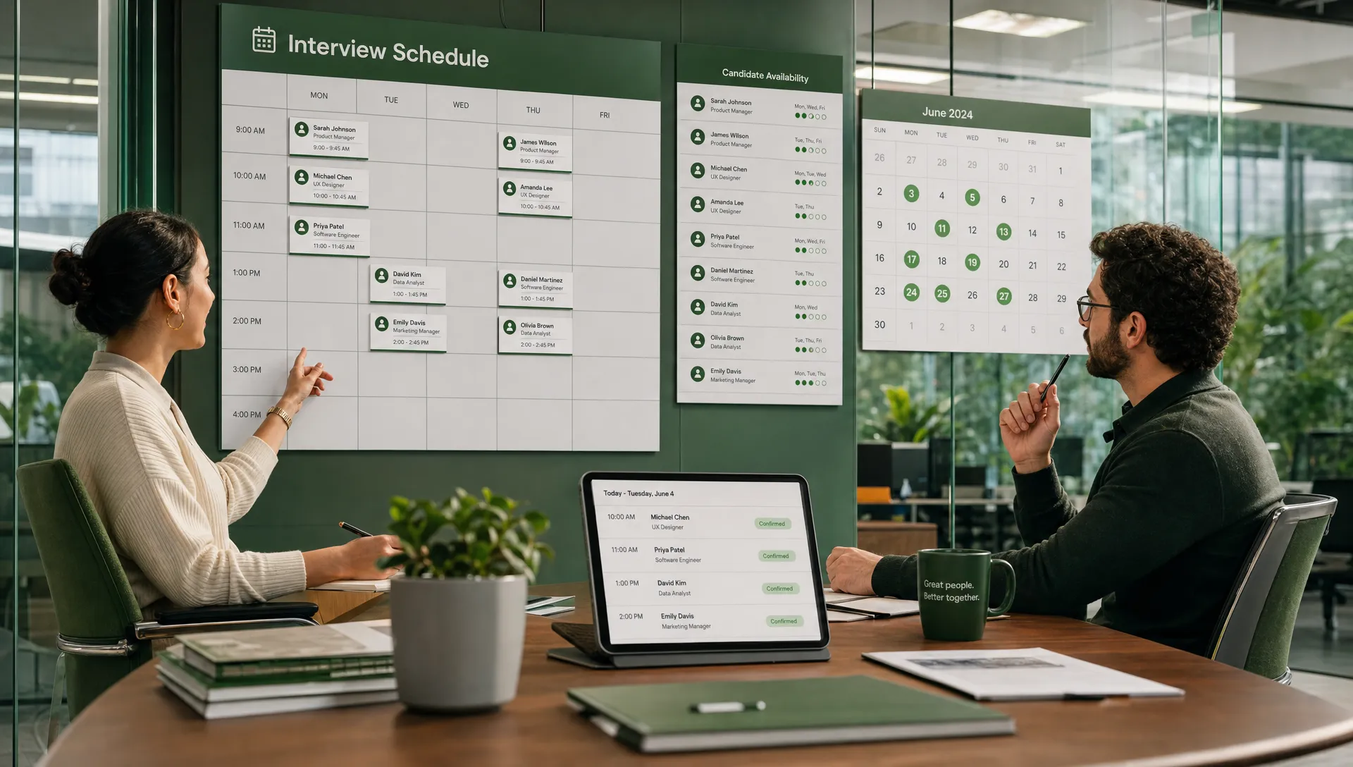 A wide scene inside a glass-walled meeting room showing an interview scheduling board, calendar printouts, candidate availability cards, and two recruiters coordinating times around a table; one tablet faces the camera with a simple schedule view and no other screens are visible. The frame should feel practical and coordinated, with the room setting clearly supporting interview logistics.