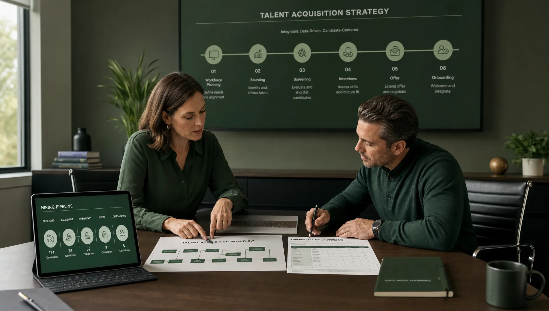 A landscape scene of a talent acquisition strategy meeting in a modern office, with two recruiting leaders reviewing a printed workflow map and candidate evaluation scorecard on a table, a tablet facing the camera showing a simple hiring pipeline, and a wall-mounted timeline in the background; the composition should emphasize workflow planning, recruiter control, and integration across hiring stages.