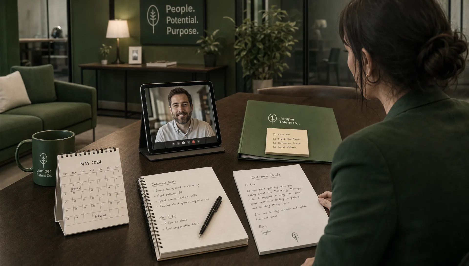 A wide scene in a modern office showing a recruiter at a conference table on a live video call with a candidate on a tablet facing the camera, while a calendar, interview notes, and a short outreach draft are spread neatly in the foreground; the background should show a calm hiring workspace with subtle signs of coordinated follow-up and no other screens visible.