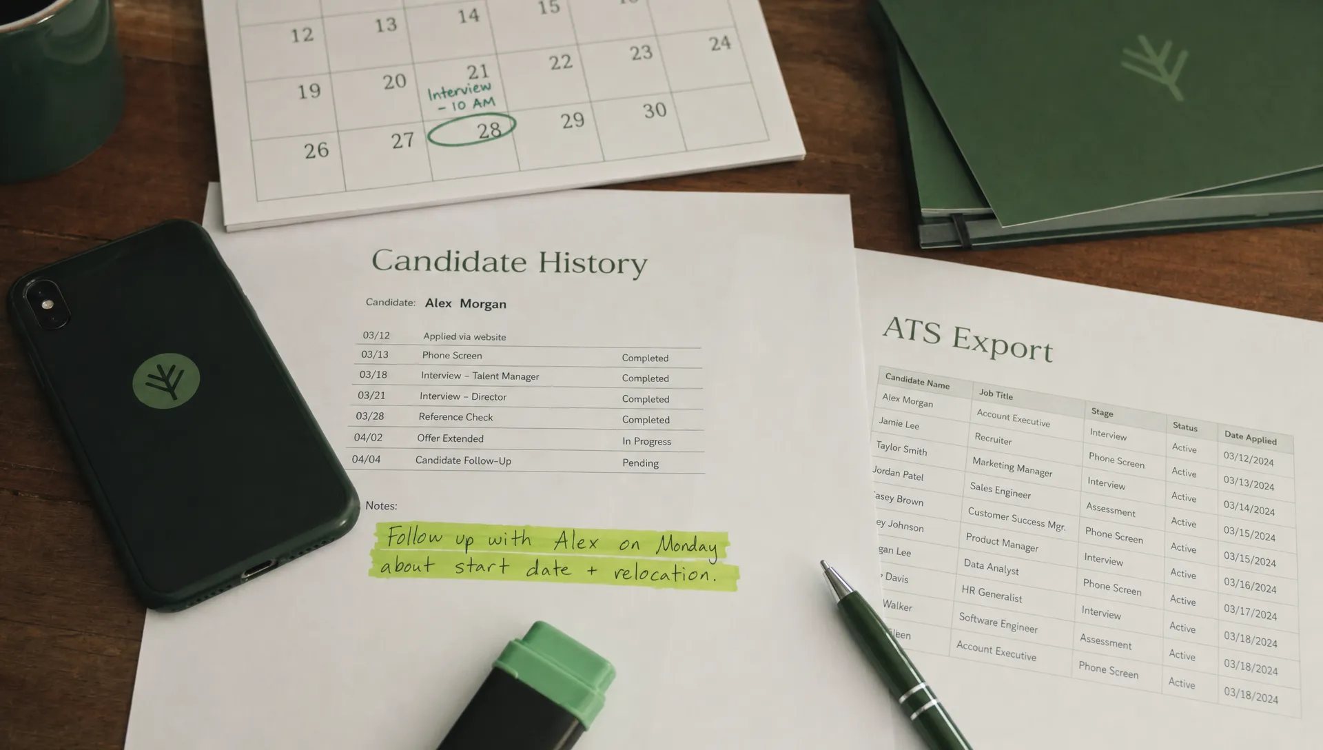 A candidate history sheet, follow-up note, calendar, and phone sit on a recruiter’s desk.