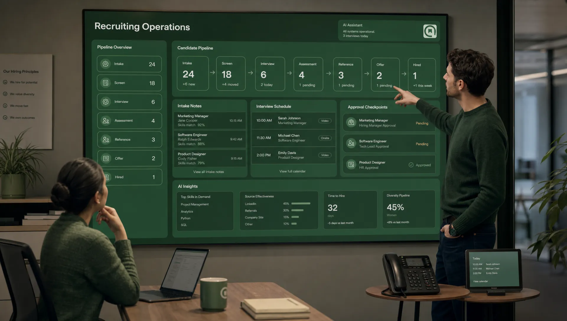 A recruiting operations scene in a modern office with one recruiter reviewing a large wall display of candidate stages, intake notes, interview slots, and approval checkpoints, while a phone and calendar sit on a side table and a colleague gestures toward the workflow board, creating a clear picture of AI-supported hiring coordination without any screen content hidden from view.