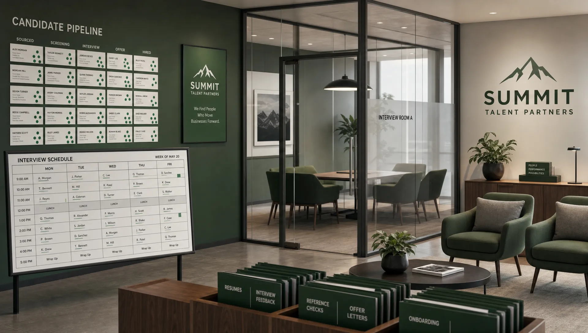 A modern recruiting office shows interview scheduling boards, candidate notes, and a glass meeting room.