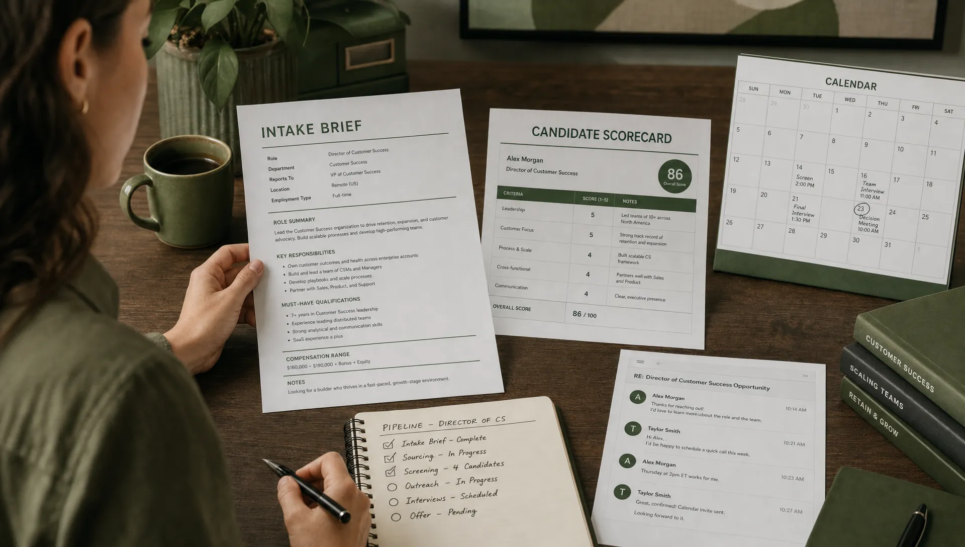 A landscape scene in a modern operations workspace showing a recruiter reviewing a structured intake brief beside a printed candidate scorecard, with a calendar, email thread printout, and pipeline notes arranged across a desk to show how one hiring request moves through screening, outreach, and scheduling. The composition should feel practical, organized, and focused on workflow fit rather than a generic office scene, with no visible screen content dominating the frame.