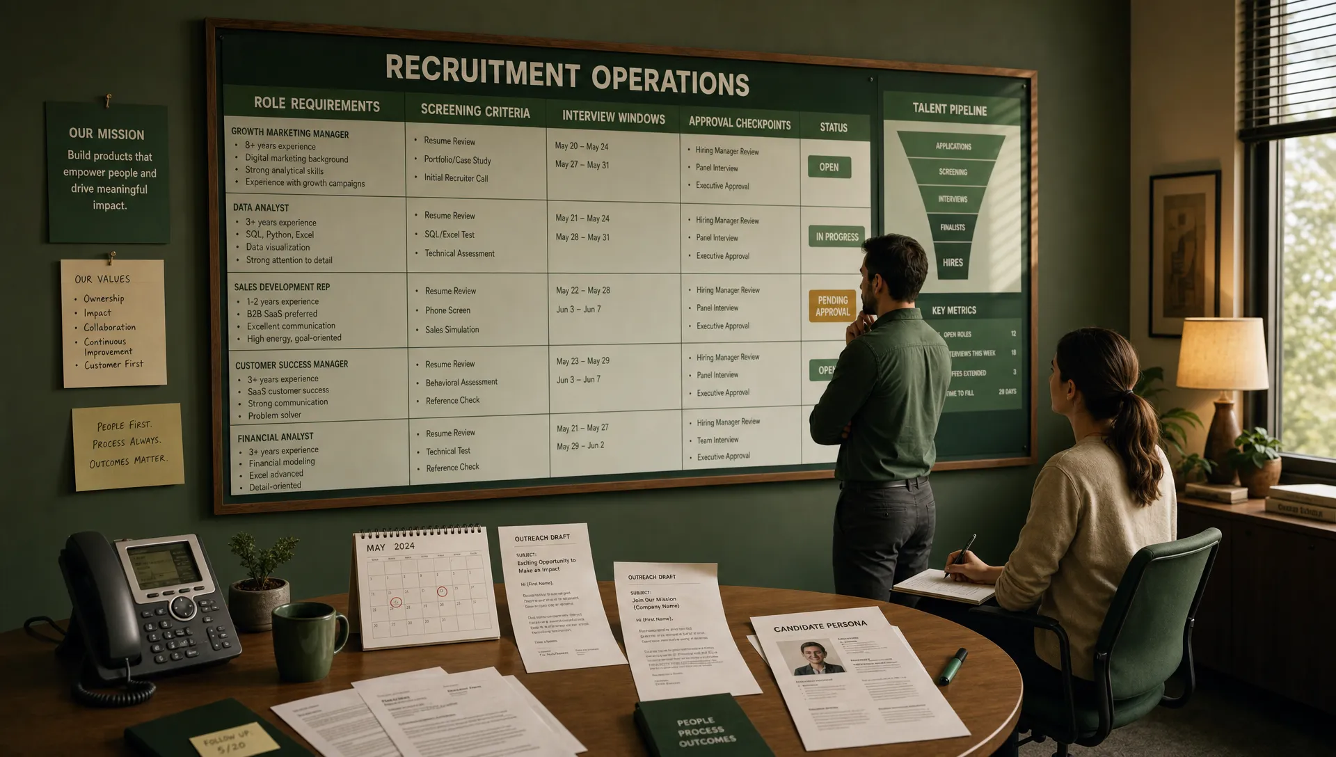A landscape scene inside a recruitment operations room showing a wall-mounted planning board with role requirements, screening criteria, interview windows, and approval checkpoints, while a side table holds a phone, printed outreach drafts, and a calendar; the composition should feel process-driven and operational, with a broader room view and no laptop-centered focus.