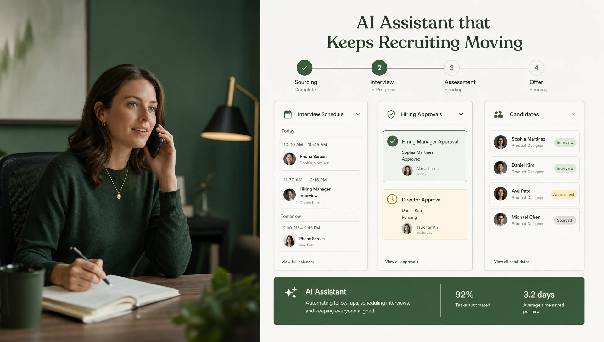 A split-screen style scene showing a recruiter on one side speaking with a candidate on a phone call, and on the other side a clean hiring workflow surface with interview slots, approval notes, and candidate cards arranged in sequence, suggesting an AI assistant that keeps recruiting moving end to end; the setting should feel like a modern workplace with a calm, organized atmosphere and no visible monitor content.