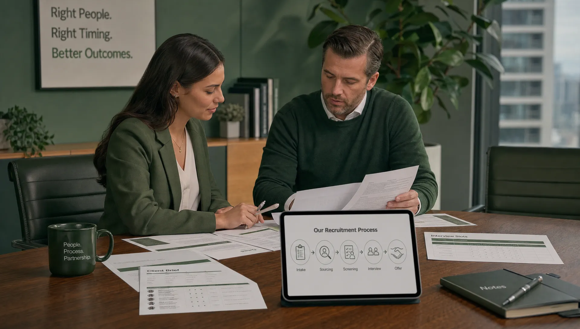 A wide scene in a modern office showing a recruiter and hiring manager reviewing a printed client brief, candidate scorecards, and interview slots spread across a conference table, with a tablet facing the camera displaying a simple recruitment workflow and no other screens visible; the composition should feel organized, process-driven, and focused on structured intake through scheduling, with a calm professional atmosphere.