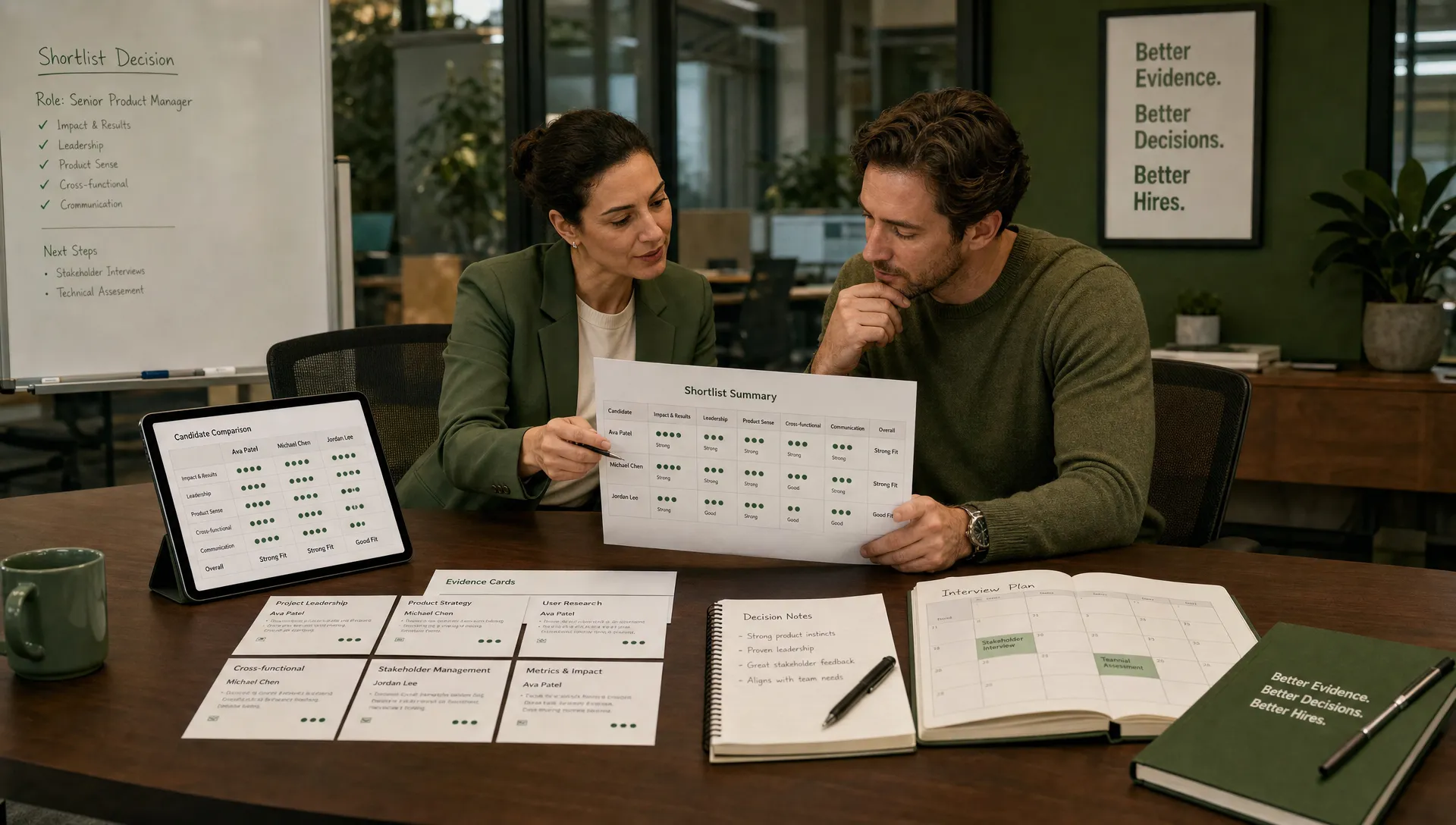 A wide scene in a modern office showing a recruiter and hiring manager reviewing a printed shortlist summary at a conference table, with candidate evidence cards, decision notes, and an open calendar laid out in an orderly way; one tablet faces the camera and shows a simple candidate comparison view, with no other screens visible. The scene should feel analytical, calm, and focused on evidence-backed screening and shortlist decisions.