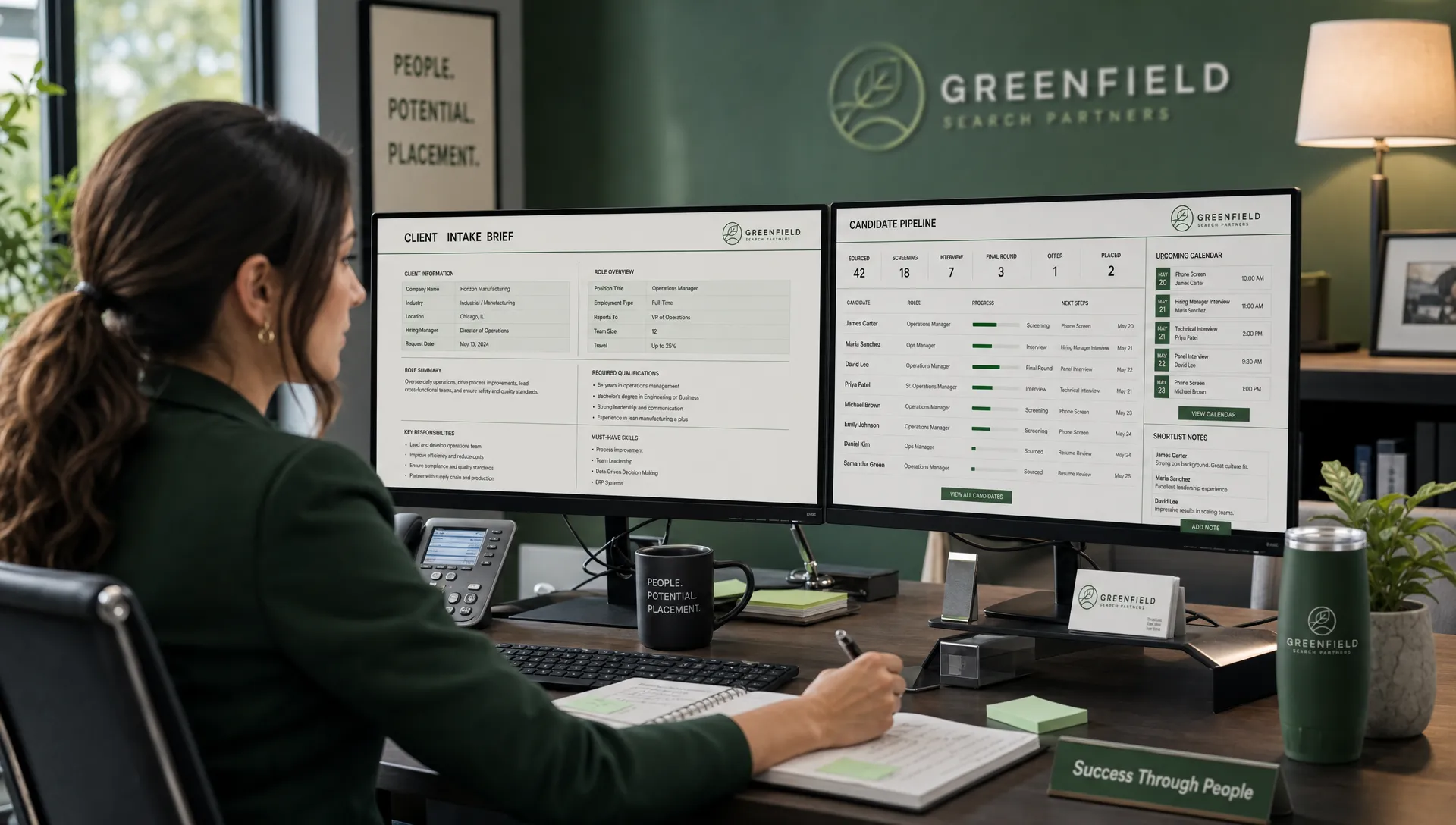 A staffing agency recruiter in a modern office reviewing a client intake brief on one monitor and a candidate pipeline on another, both screens facing the camera, with calendar holds, shortlisting notes, and a phone nearby to suggest fast-paced scheduling and multi-client coordination; the scene should feel organized and busy, focused on agency workflow rather than a generic desk setup.