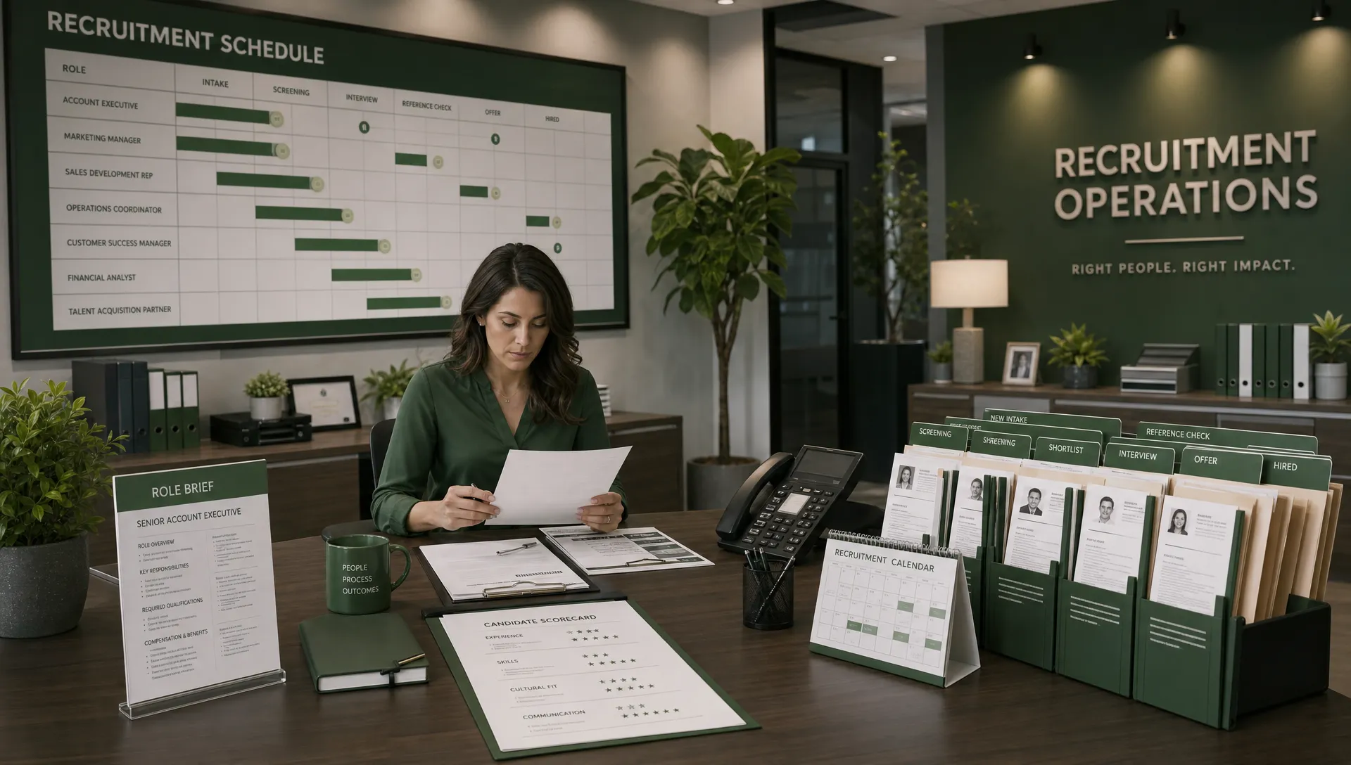 A wide scene inside a modern recruitment operations room with a recruiter at a central workstation, a large scheduling board in the background, printed role briefs on the desk, a phone, a calendar, and neatly arranged candidate files creating a sense of controlled hiring workflow from intake through scheduling; the composition should feel organized and high-trust, with no visible screen content and no single desk-laptop focus.