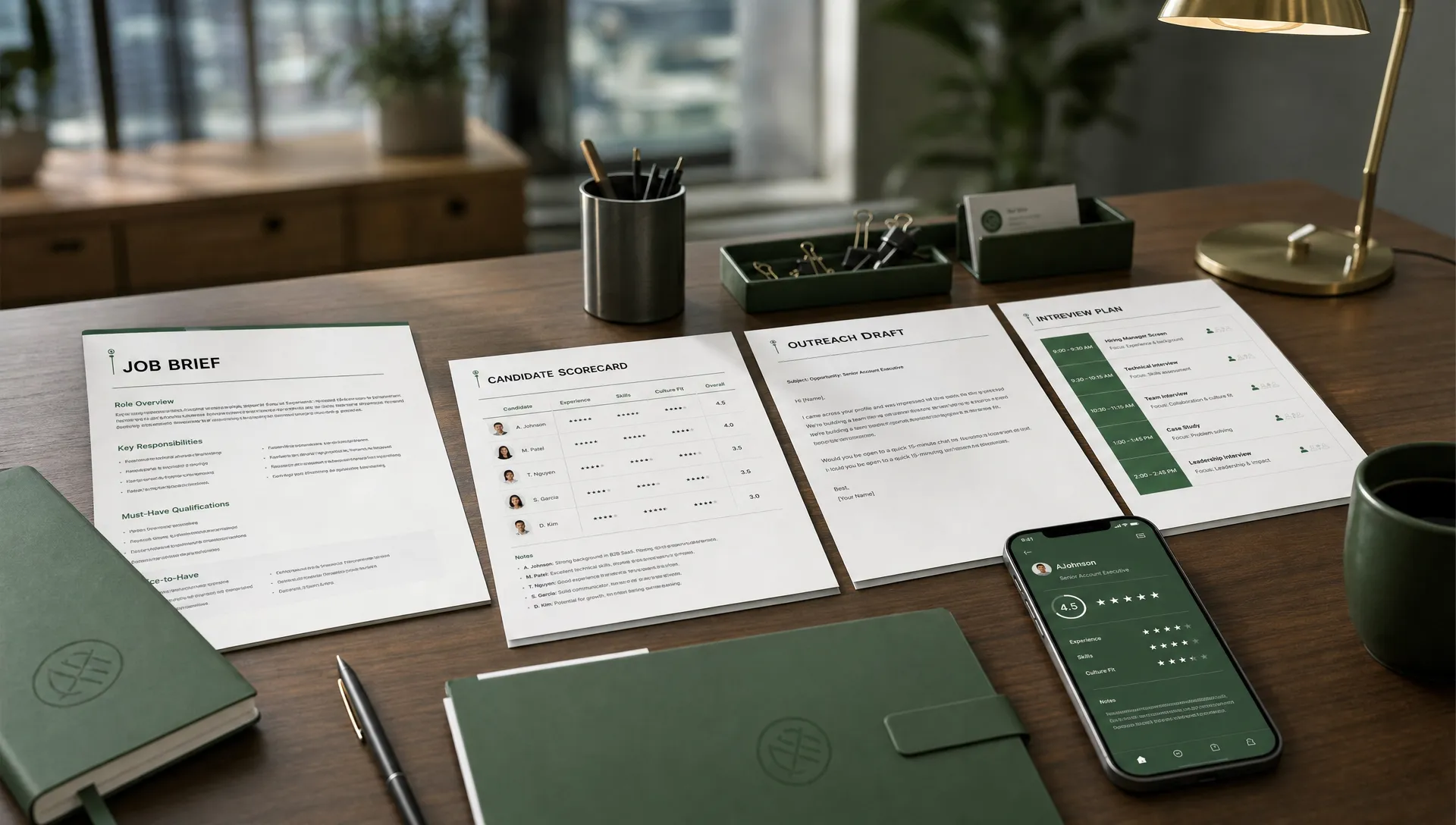 A desk arrangement shows AI recruiting workflow items, including a job brief, scorecards, outreach drafts, and interview times.