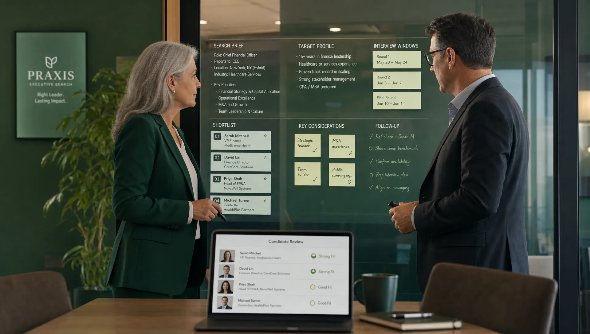 A senior recruiter and a client hiring manager standing beside a conference room glass wall covered with a clearly organized search brief, shortlist notes, interview windows, and follow-up markers, with a tablet on the table facing the camera showing a simple candidate review screen; the scene should feel calm, high-trust, and focused on executive search coordination in a modern office.