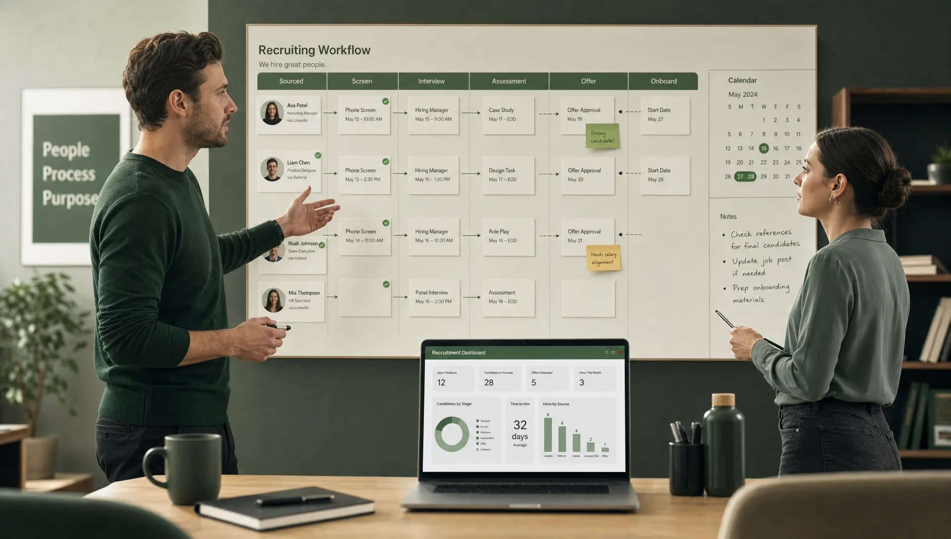 A hiring manager and recruiter discussing a recruiting workflow around a wall-mounted planning board with candidate cards, interview times, approval notes, and connected calendar markers in a modern office, with a laptop on the table facing the camera and showing a simple recruitment dashboard, no hidden screens behind it.