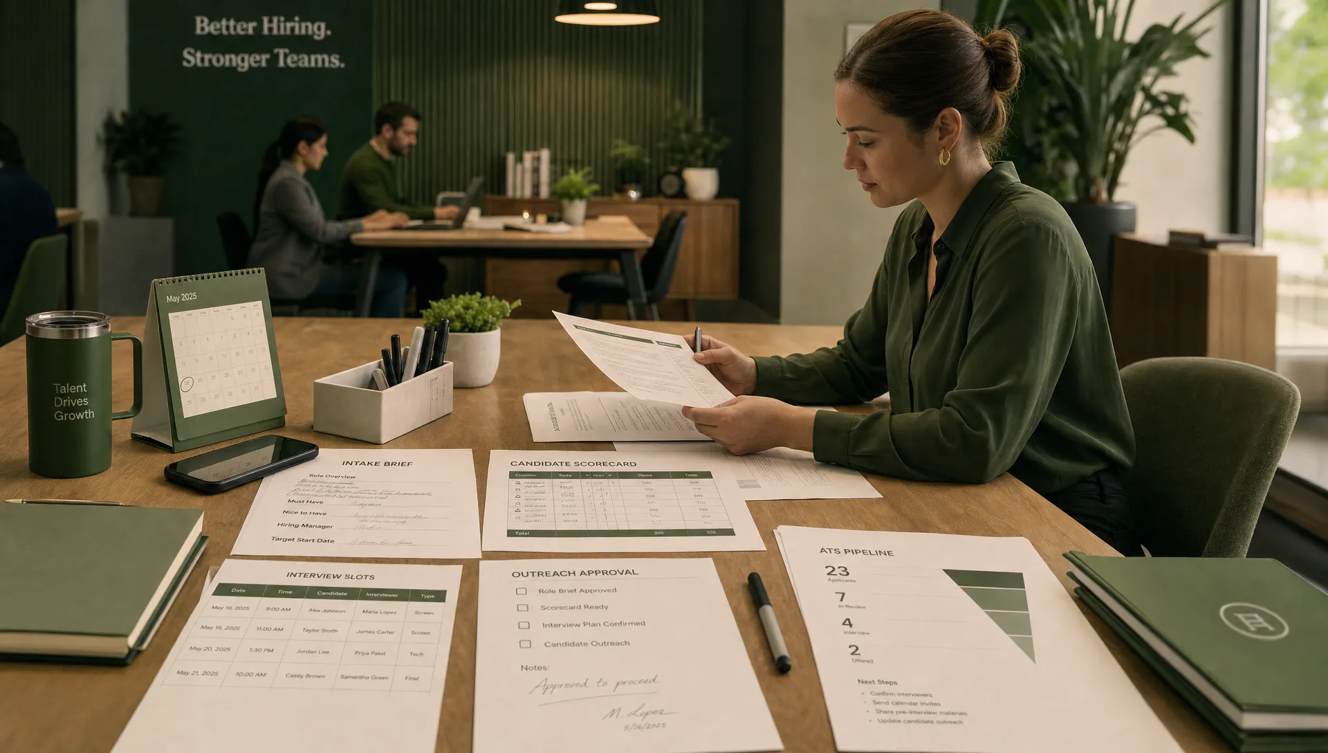 A wide scene in a modern office showing a recruiter at a shared operations table reviewing a paper intake brief, candidate scorecards, interview slots, and outreach approval notes, with a smartphone, desk calendar, and ATS printouts arranged in a clear workflow from screening to scheduling. The composition should feel practical and focused on process, with no visible monitor content and no single laptop-centered view.