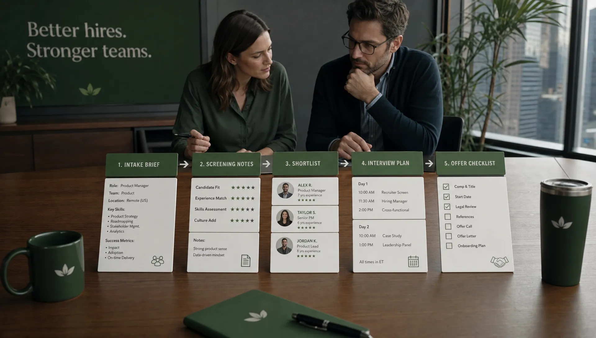 A landscape scene built around a clear hiring pathway: intake brief, screening notes, shortlist cards, interview time blocks, and offer checklist arranged in a clean line across a conference table, with two recruiters visible at the far end of the frame reviewing the steps; the mood should feel focused, efficient, and evidence-driven.
